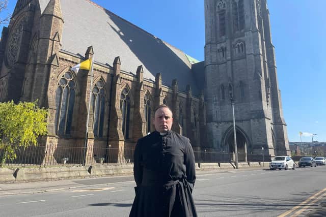 Canon Gwenaël Cristofoli pictured outside St Walburge's Church following the incident.