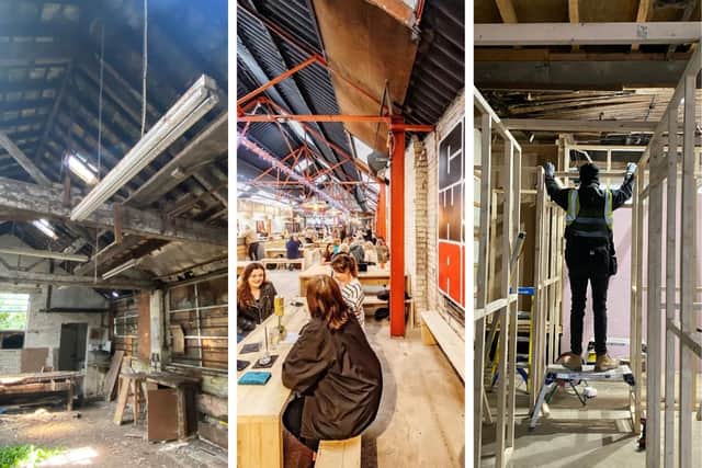 L:  The old Walker’s joinery workshop back in 2022, before the transformation began.  C: Inside Chew's Yard now. R: Build Restore Repair Ltd working on the venue in Febraury 2024 (credit Fiona Candy).