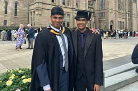 Adil (left) and Absi (right) during Adil’s graduation from Manchester University in 2025