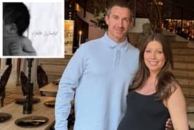 Main image: Nikki Sanderson and Anthony Quinlan in March. Inset: Their newborn baby boy.