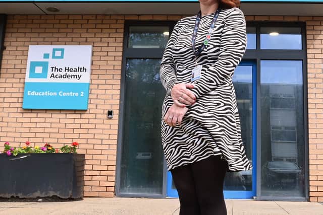 Donna Calder, at The Health Academy, Lancashire Teaching Hospitals in the grounds of Royal Preston Hospital.  Donna details her career journey from cleaning wards to leading student support across Lancashire Teaching Hospitals as she is now Head of student, trainee and placement support.