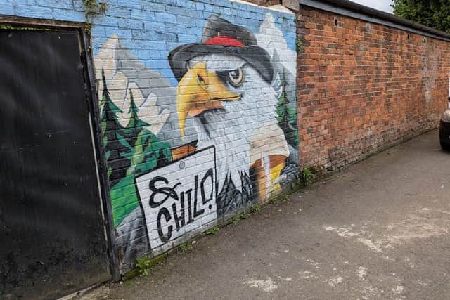 The giant eagle mural on the rear wall of the Eagle and Child pub in Garstang before it was painted over
