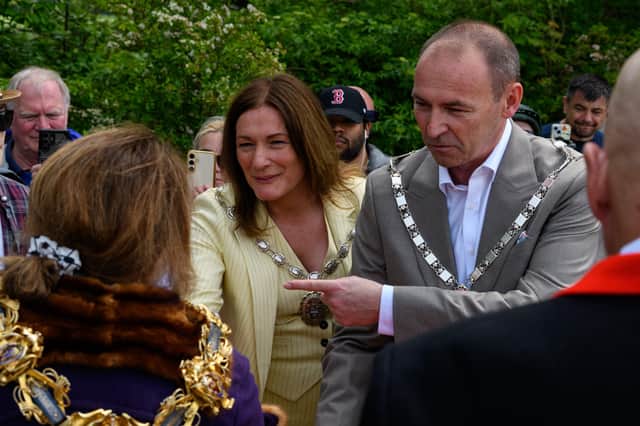 A meeting of the mayors - Preston's Nweeda Khan (left) and Penwortham's Tracey Flannery