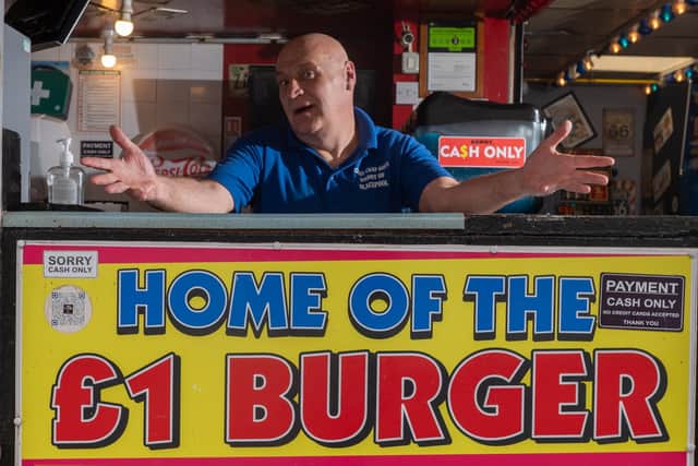 Christopher Higgitt's £1 burger includes a bun, a patty made from English beef, sauce, and onions.