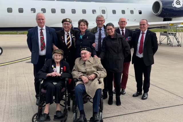 War heroes: Veterans Marjorie Hanson, Richard Brock and Ken Benbow attended the D-Day commemorations in Normandy with a party including the Lord-Lieutenant of Lancashire, Amanda Jane Parker JP DL.