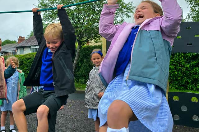 Pupils at Grimsargh St Michael’s C of E Primary School enjoy the new £25,000 trim trail