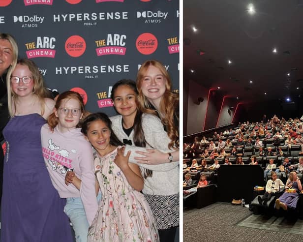 L: Charlotte Trafford (far left) and staff member Abbie (far right) with children on the red carpet. R: A packed cinema auditorium during the screening
