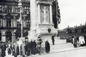 Preston War Memorial is unveiled in Market Square in June 1926, with huge crowds gathered around the new monument and surrounding streets