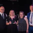 From the left, Clitheroe Blackburn Northern Hockey Club Jez Palmer, club captain Hannah Laverty, club secretary Clare Thompson and England Hockey awards night sponsor Duncan Bennett of Notts Sports
