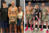 L:  Chorley man Alex Winstanley with his son and wife at the Hyrox World Championships in Stockholm. R: Alex with training partner George Burton with George's wife and baby.