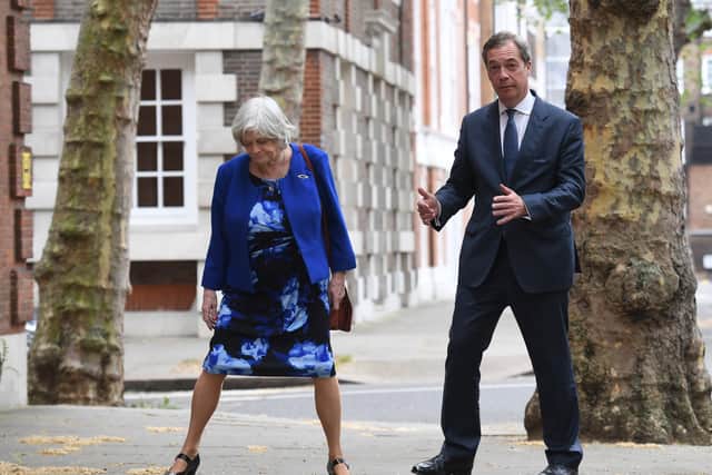 Leader of the Brexit Party Nigel Farage with former Tory minister Ann Widdecombe after she defected from the Conservatives in 2019 (Stefan Rousseau/PA)