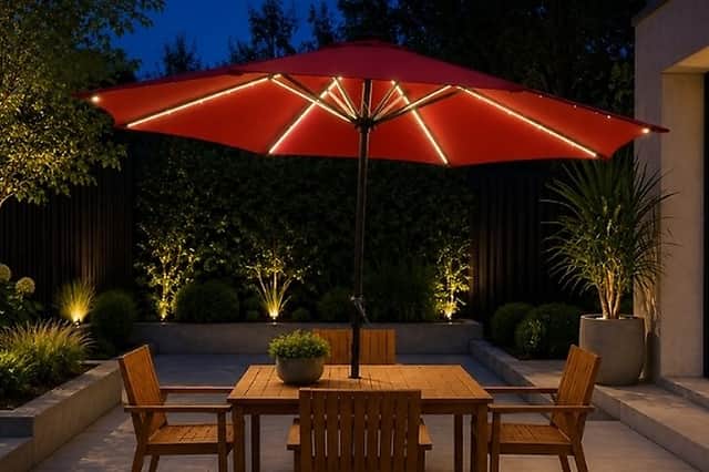 The parasol has 16 solar-powered LED light strips, a UV30+ canopy and a crank handle for garden tables and patio seating