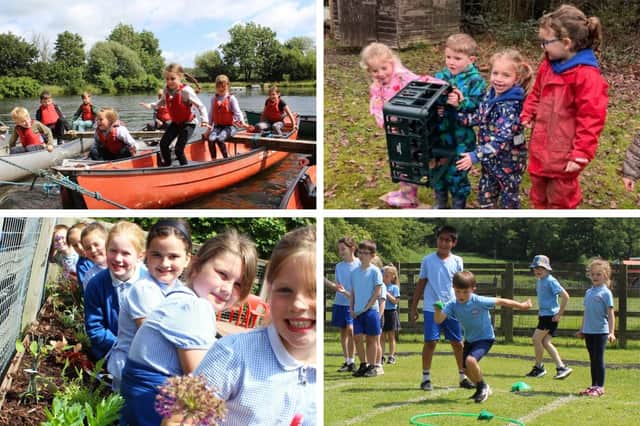Samlesbury Church of England Primary School was praised for its enrichment opporuntities. Top left clockwise: pictures from a recent residental trip, the Forest School, Sporta Dat and Gardening Club.
