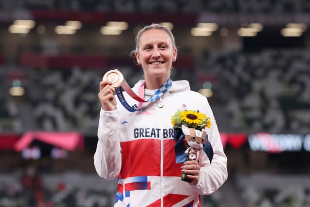 Bronze medalist Holly Bradshaw with her bronze medal at the Tokyo 2020 Olympic Games.