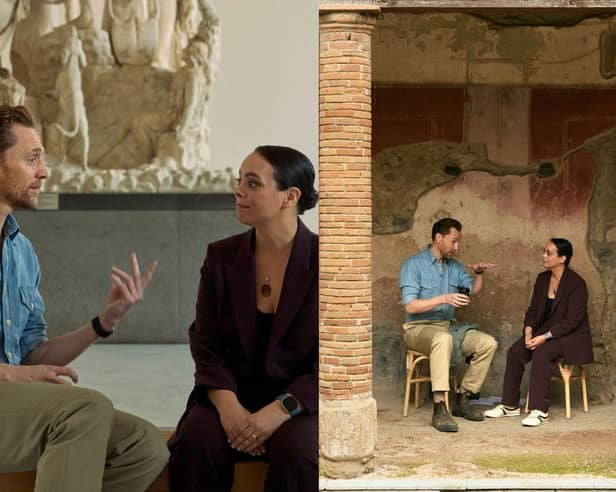 Host and Executive Producer Tom Hiddleston chats with Dr. Sarita Robinson for Pompeii: Out of Time