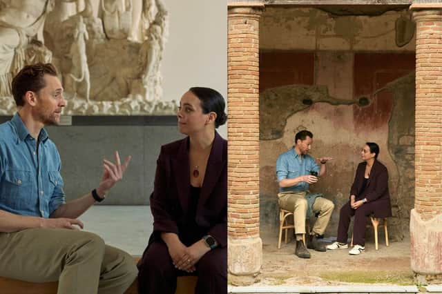 Host and Executive Producer Tom Hiddleston chats with Dr. Sarita Robinson for Pompeii: Out of Time