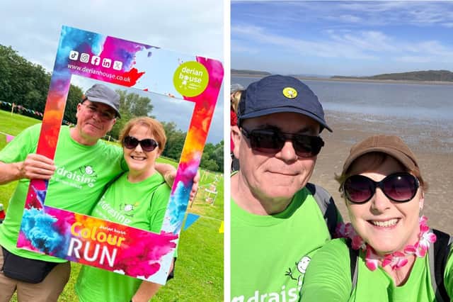L: Dave and Jeanette Mullin lending a hand at this year's Derian House Colour Ruiun. R: The couple taking part in the hospice's Morecambe Bay Walk