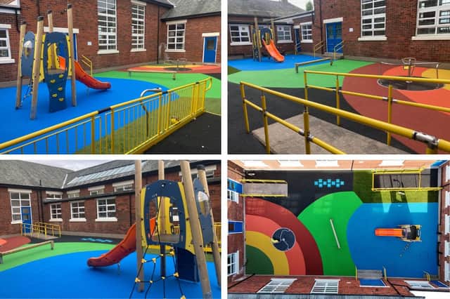 The specially designed children’s play area features a slide, a climbing wall, a climbing net, hopskotch, a merry-go-round and a balance beam.