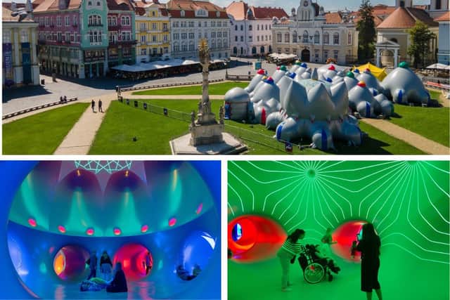 Top: The Timisien when it was in Romania. Bottom: inside the Luminarium