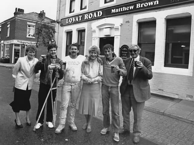 Lovat Road regulars outside the pub during the Preston street’s spell in the television spotlight in the late 1980s