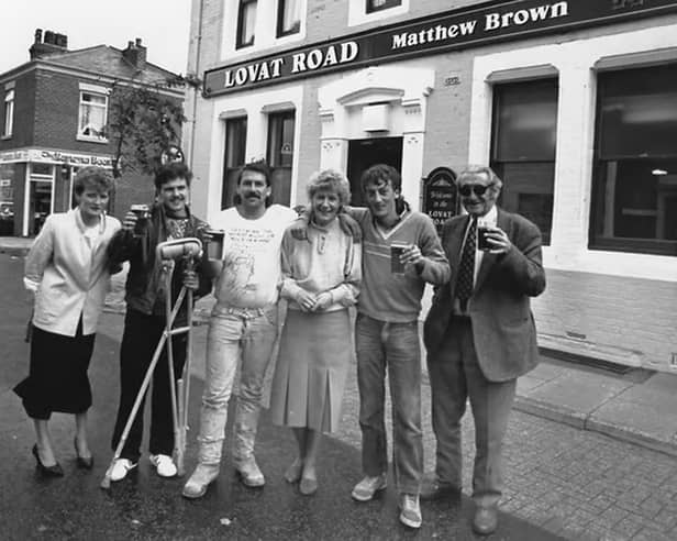 Lovat Road regulars outside the pub during the Preston street’s spell in the television spotlight in the late 1980s