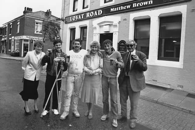 Lovat Road regulars outside the pub during the Preston street’s spell in the television spotlight in the late 1980s