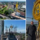 L: Gilder Jack Fox works on St Walburge’s Church’s iconic Christogram. R: Canon Gwenaël Cristofoli with the yellow painted cross before it was regilded.