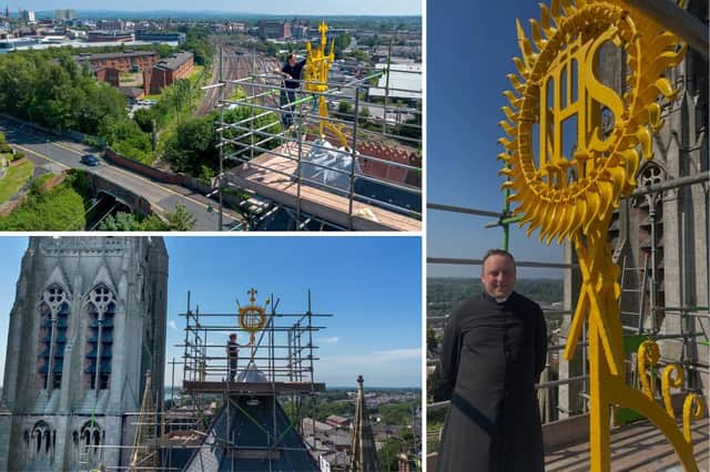 L: Gilder Jack Fox works on St Walburge’s Church’s iconic Christogram. R: Canon Gwenaël Cristofoli with the yellow painted cross before it was regilded.