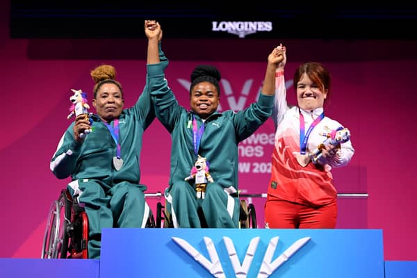 Olivia Broome (right) shares the podium with fellow Commonwealth Games medalists Esther Nworgu (centre)  and Esther Oyema of Nigeria
