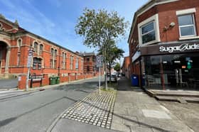A present-day view along Lovat Road from Garstang Road, with Abrar Academy in the former Moor Park Methodist buildings and SugarBudz occupying the old chemist’s shop
