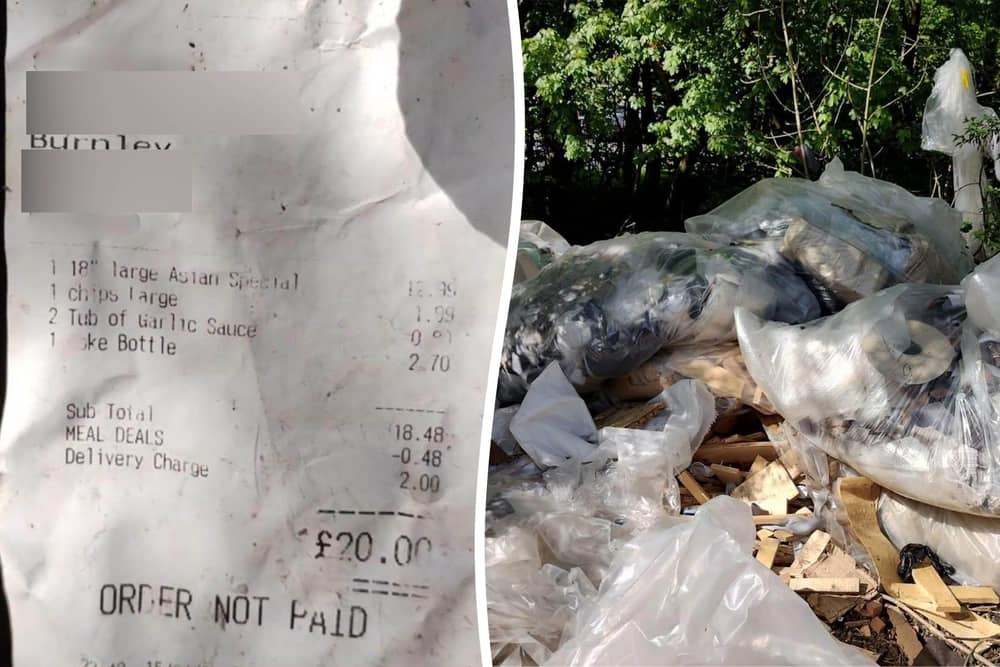 A £20 takeaway pizza order proved the downfall of a Lancashire furniture company after the receipt was discovered among almost two tonnes of fly tipped waste dumped at a hospital.