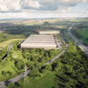 A computer-generated image showing the proposed warehouses sitting alongside the M65 