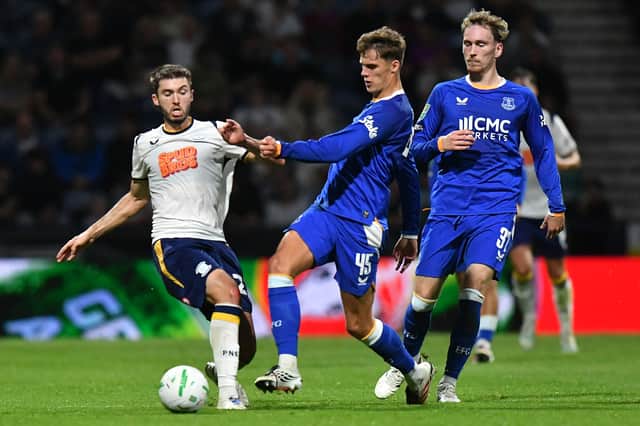 Preston North End's Leo Leroy battles with Everton's Harrison Armstrong