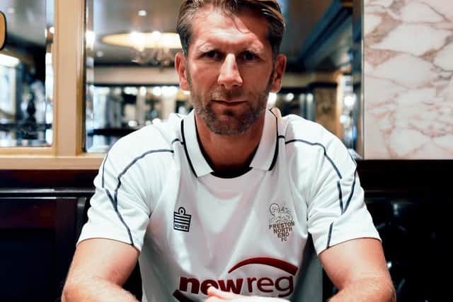 Richard Cresswell models the 2004-05 Preston North End home kit at Bruccianis Cafe.