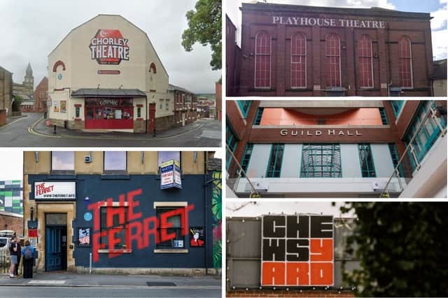 (Top left clockwise):  Chorley Theatre, Preston Playhouse, Guild Lounge, Chew’s Yard and The Ferret.