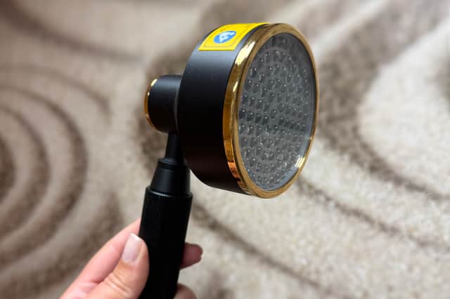 A close-up of the “showerhead” which is to be placed externally against the cheek and lips. Patients will be shown how to use the equipment so they can access PBM therapy independently themselves. Rosemere Cancer Foundation