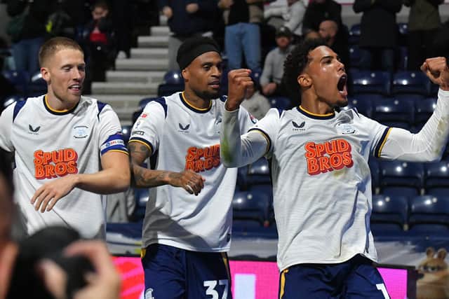 Preston North End's Caleb Wiley celebrates scoring his team’s first goal on his home debut