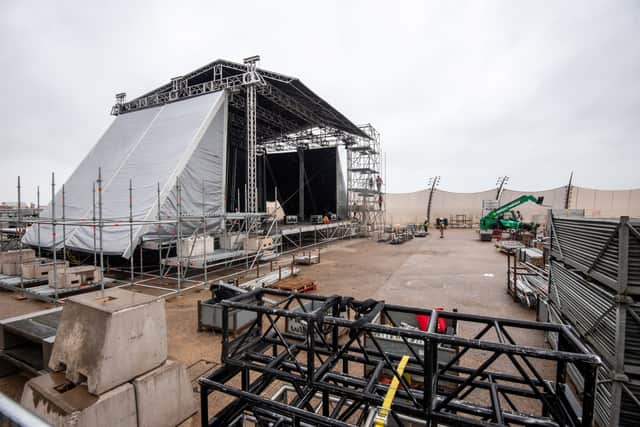 Blackpool Illuminations Switch On stage being set up for Friday