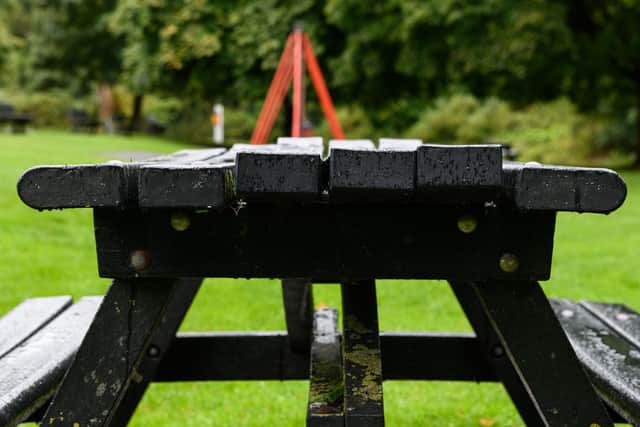 Picnic benches at Edisford Bridge which have been burnt and are now warped. Photo: Kelvin Lister-Stuttard