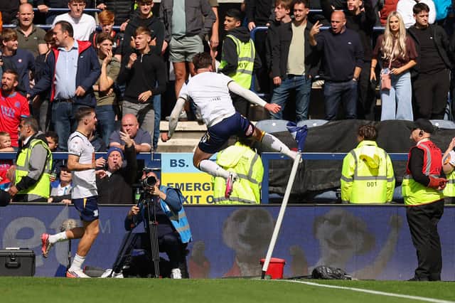 PNE’s Callum Lang celebrates in front of the Blackburn crowd.