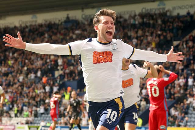 Callum Lang celebrates his and PNE's second goal.