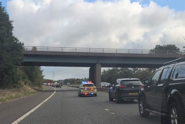 All traffic is at a standstill on the eastbound carriageway between J5 and J6 near Blackburn