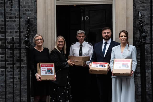 Paula Hudgell, Vanessa Sims, Chris Webb MP and Nicola Thorp deliver the petition signatures for the Preston Davey campaign to 10 Downing Street. Photo: Lucinda Herbert