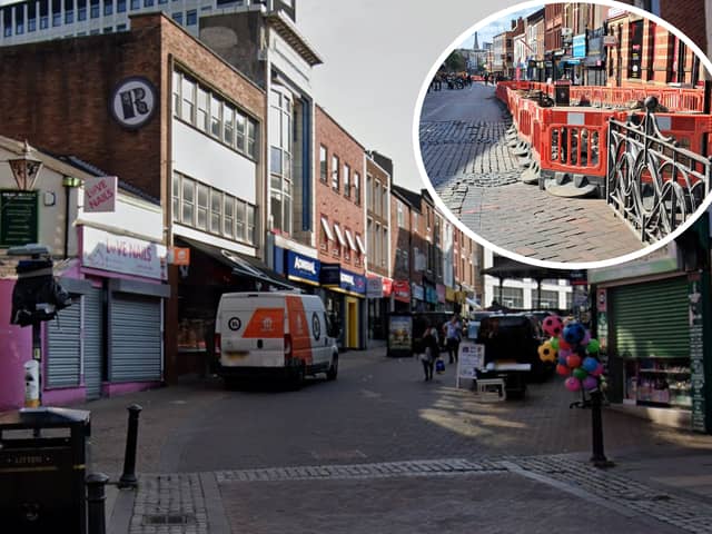 Orchard Street, the site of the sinkholes, pictured before they emerged when work began as part of a wider transformation project which also includes Friargate South (inset) 