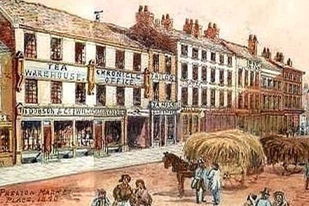 An old illustration of Preston's Market Place, showing the offices of the Preston Chronicle, one of the town's earliest established newspapers