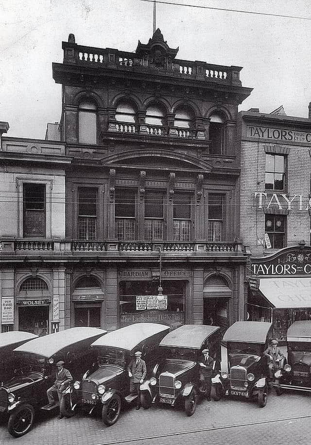 The Lancashire Daily Post and Preston Guardian offices on Fishergate, with the newspaper's motor delivery vans lined up outside
