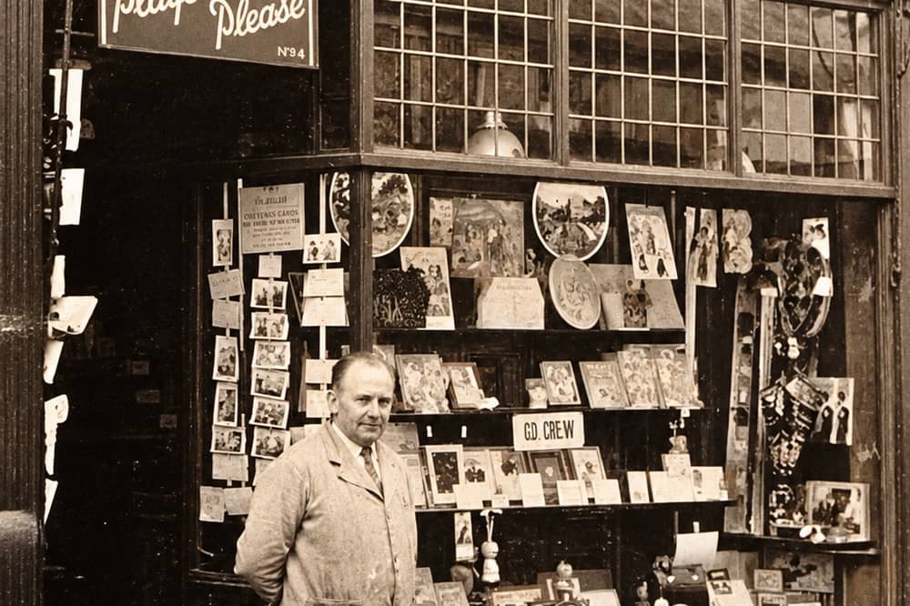George Cunliffe outside his newsagent's shop on New Hall Lane in 1949. Keith Johnson was among the young paper boys who delivered newspapers from the shop during the 1950s