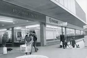 Fine Fare at St John's Shopping Centre in 1983, with the subway entrance leading to Preston Bus Station. The supermarket closed in October that year