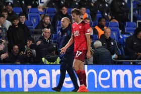 Preston North End's Stanley Mills leaves the pitch after being red carded
