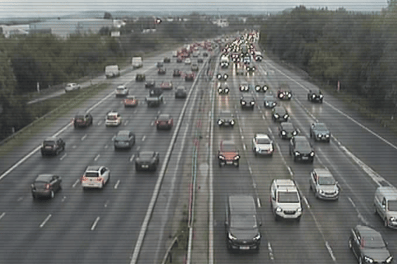 Camera footage of slow traffic on the M6 J32-33, Preston, at around 4:50pm